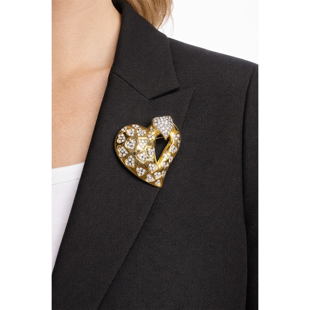 Vintage Gold Tone‎ Heart Rhinestone Brooch Pavé Hearts Open Heart Pin Romantic